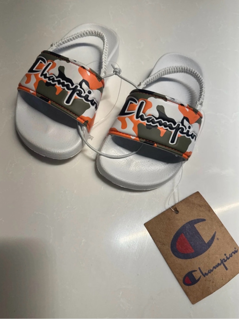 Champion White Kids Sandals with Orange and Olive Camo Strap
